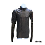 Iridescent Mock Neck Puffer Sleeve Top with Mesh Detail  top