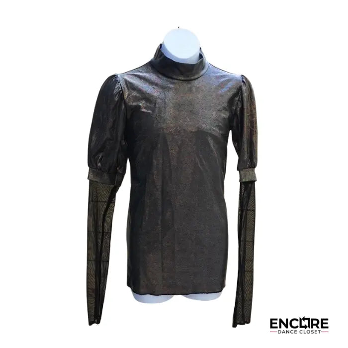 Iridescent Mock Neck Puffer Sleeve Top with Mesh Detail  top