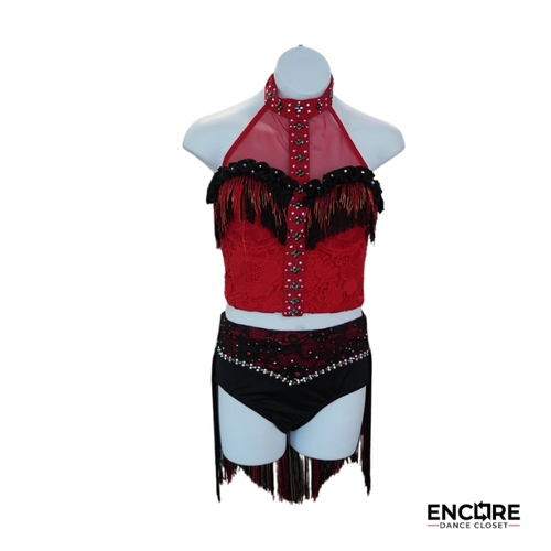 Red and Black Fringe Jazz Costume with Rhinestone Details  two piece