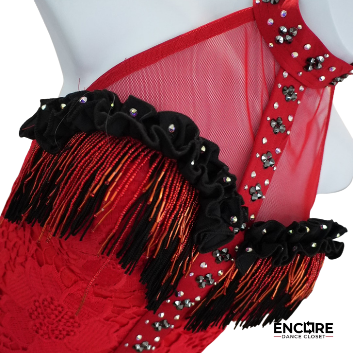 Red and Black Fringe Jazz Costume with Rhinestone Details  two piece