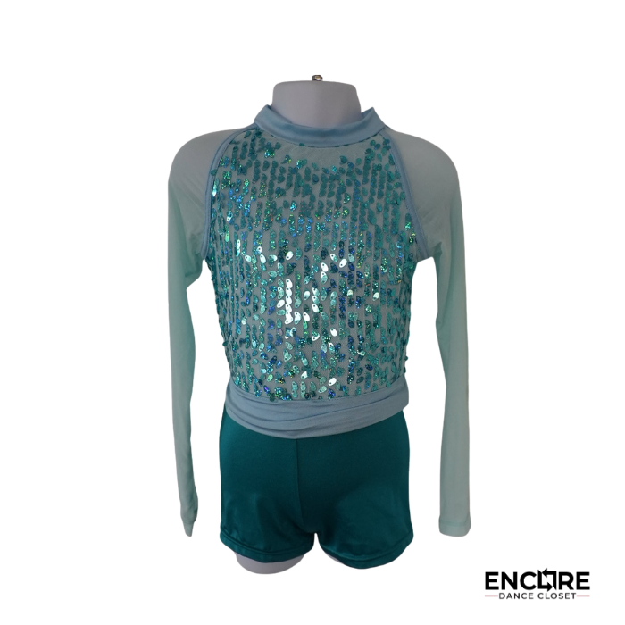 Aqua Iridescent Sequin Mesh Top & Shorts Set  biketard