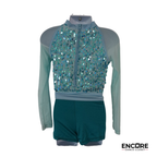 Aqua Iridescent Sequin Mesh Top & Shorts Set  biketard