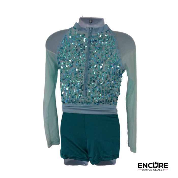 Aqua Iridescent Sequin Mesh Top & Shorts Set  biketard