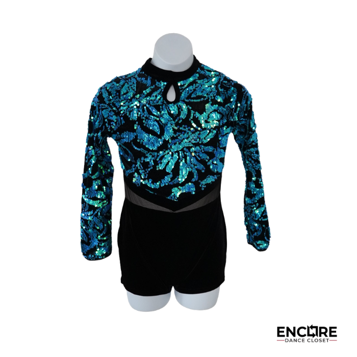 Teal Iridescent Sequin Velvet Long-Sleeve Biketard  biketard