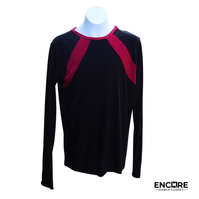 Black Velvet Long-Sleeve Top with Red Velvet Accents