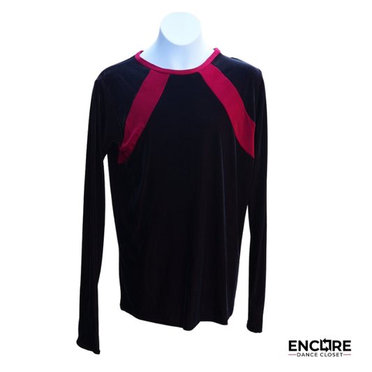 Black Velvet Long-Sleeve Top with Red Velvet Accents