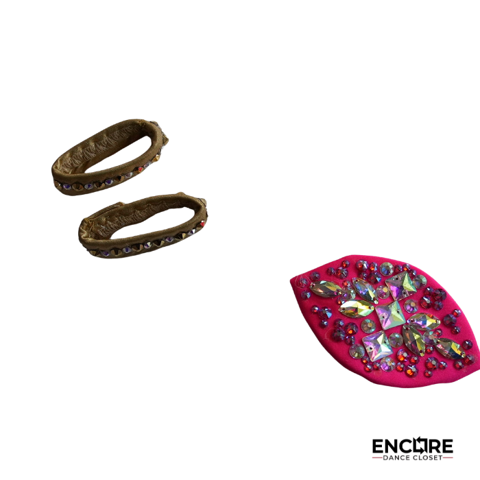 Pink and Gold Rhinestone Two-Piece Costume with Fringe Skirt  two piece