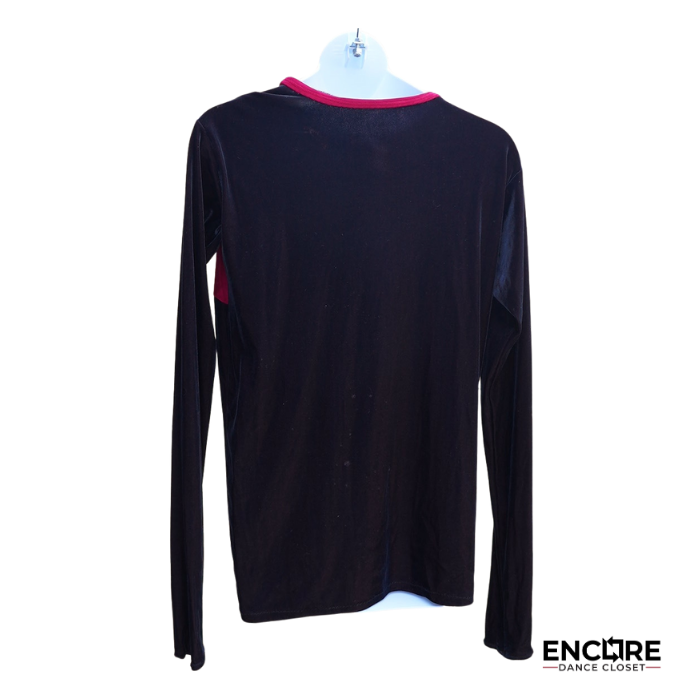 Black Velvet Long-Sleeve Top with Red Velvet Accents