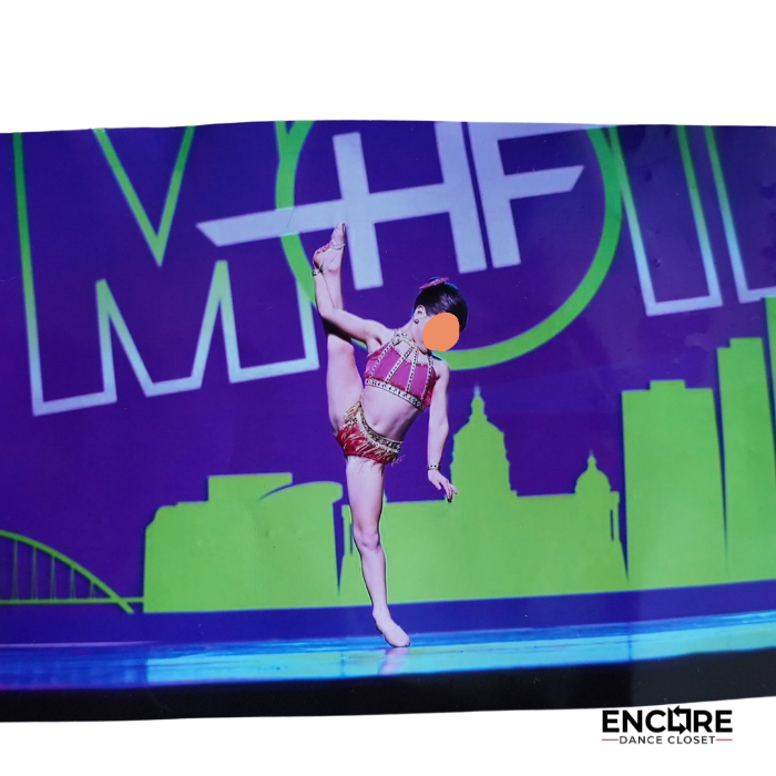 Pink and Gold Rhinestone Two-Piece Costume with Fringe Skirt  two piece