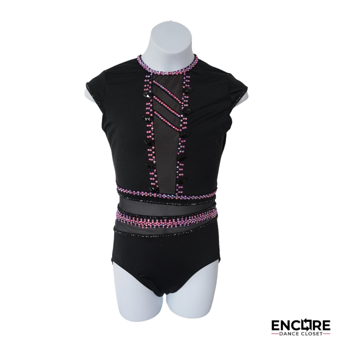 Black Dance Leotard with Pink Rhinestone Detail and Mesh Accents  leotard