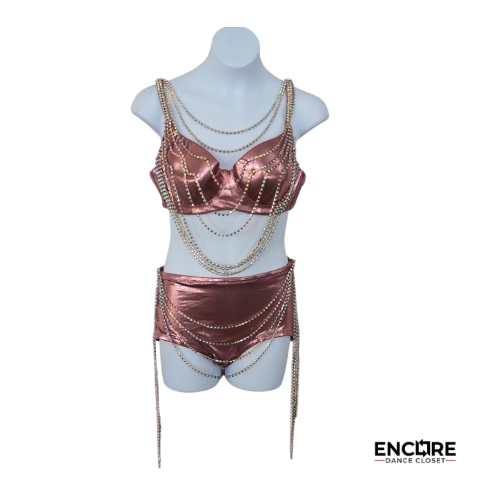 Metallic Rose Two-Piece Contemporary Costume with Rhinestone Draping  two piece