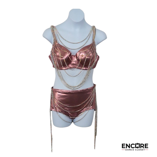 Metallic Rose Two-Piece Contemporary Costume with Rhinestone Draping  two piece