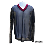 Black Mesh Long-Sleeve Top with Red Velvet Trim  top