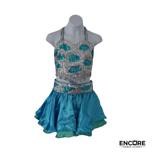 Teal & Silver Sequin Two-Piece Dance Costume  two piece