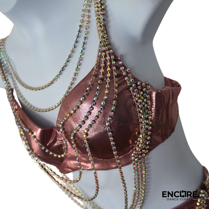 Metallic Rose Two-Piece Contemporary Costume with Rhinestone Draping  two piece