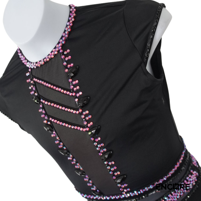 Black Dance Leotard with Pink Rhinestone Detail and Mesh Accents  leotard