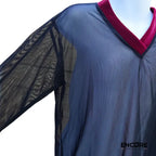 Black Mesh Long-Sleeve Top with Red Velvet Trim  top