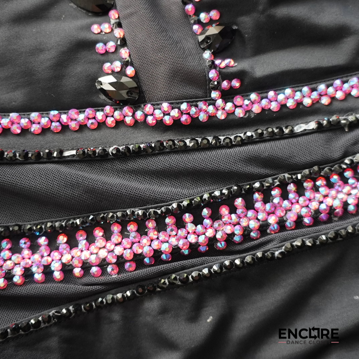 Black Dance Leotard with Pink Rhinestone Detail and Mesh Accents  leotard