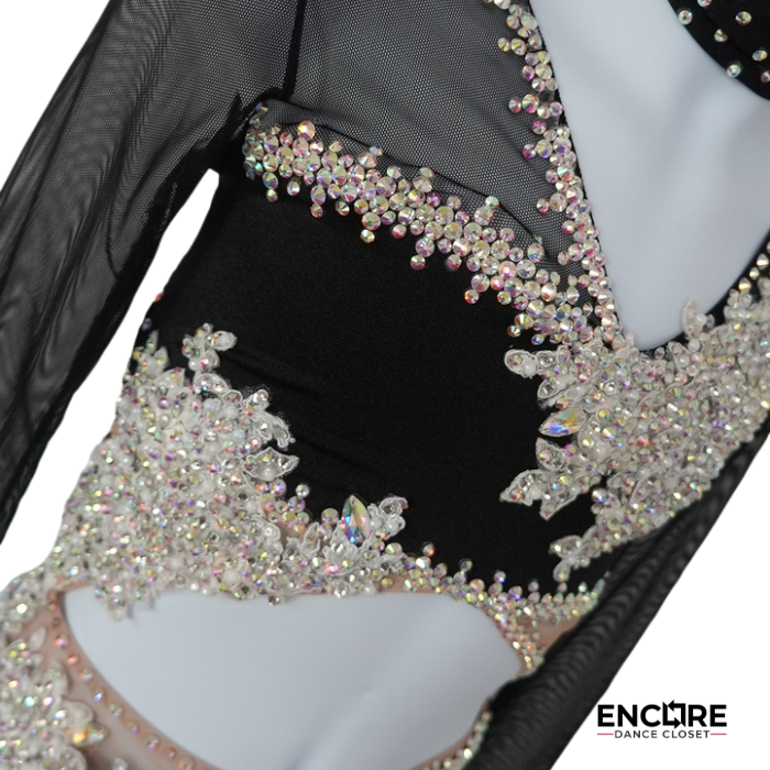Black Contemporary Costume with Sheer Sleeves and Rhinestone Appliqué  two piece