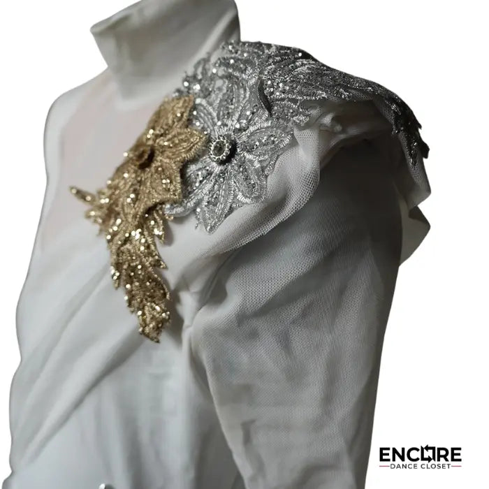 Edgy White and Gold Lyrical Costume with Appliques  leotard