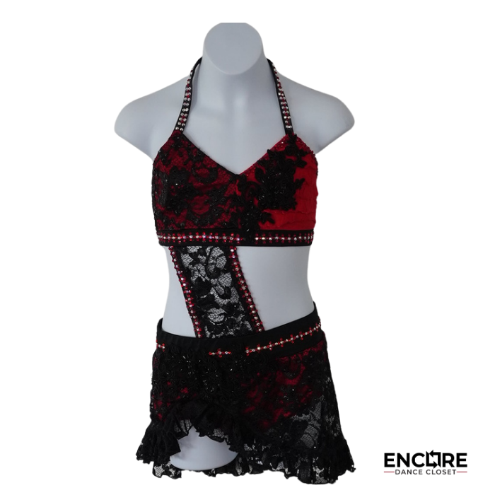 Red and Black Lace Two-Piece Costume with Ruffle Skirt  two piece