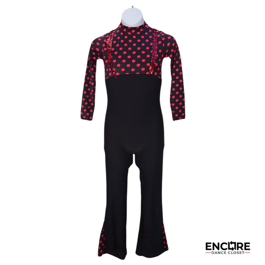 Red Polka Dot Mock Neck Unitard with Sequin Suspenders