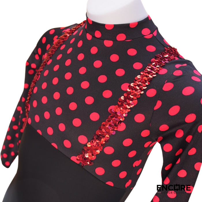 Pink Polka Dot Mock Neck Unitard with Sequin Suspenders