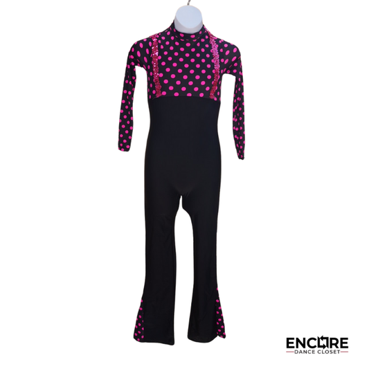 Pink Polka Dot Mock Neck Unitard with Sequin Suspenders