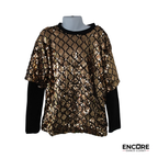 Gold Sequin Diamond-Pattern Top with Black Sleeves  top