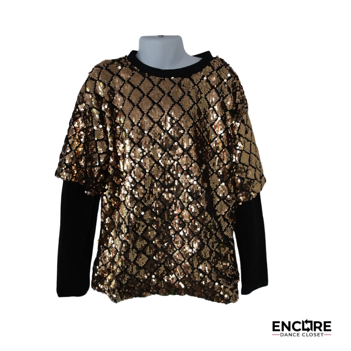 Gold Sequin Diamond-Pattern Top with Sleeves  top