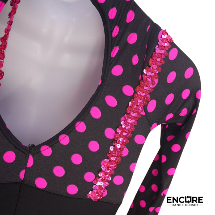 Pink Polka Dot Mock Neck Unitard with Sequin Suspenders