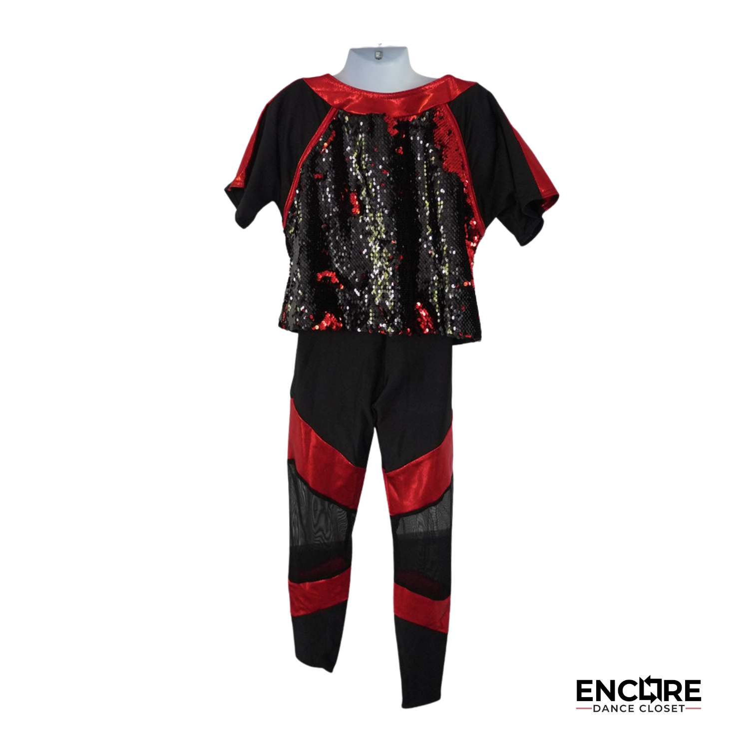 Red & Black Sequin Two-Piece Set with Mesh Leg Detail  pants