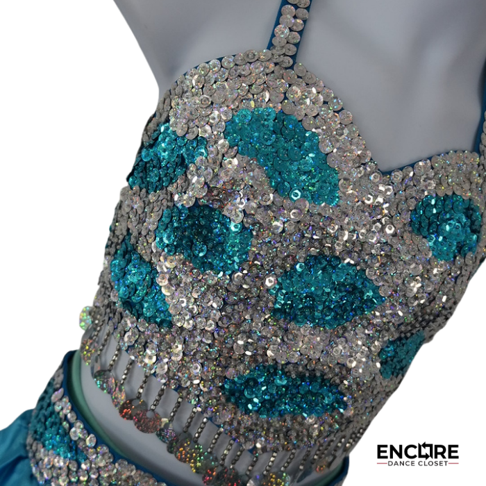 Teal & Silver Sequin Two-Piece Dance Costume  two piece