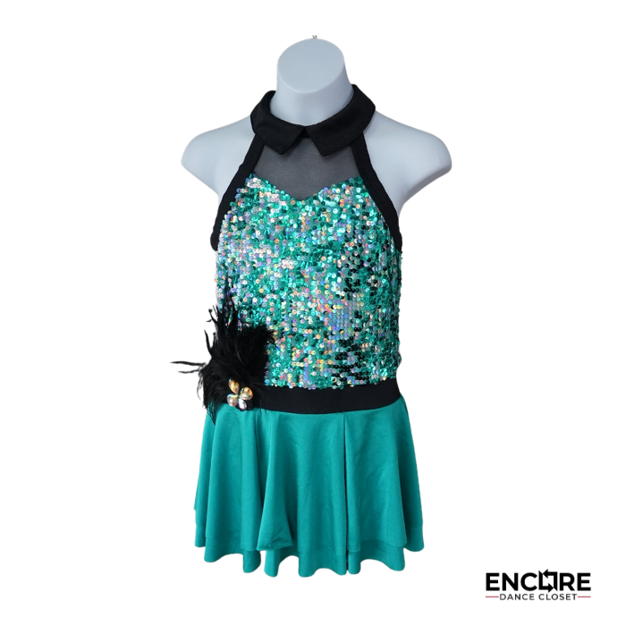 Teal Sequin Halter Jazz Costume with Feather Accent  dress