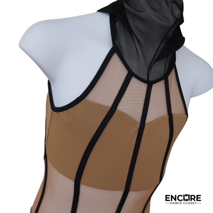 Nude & Black Illusion Mesh Contemporary Dress  unitard