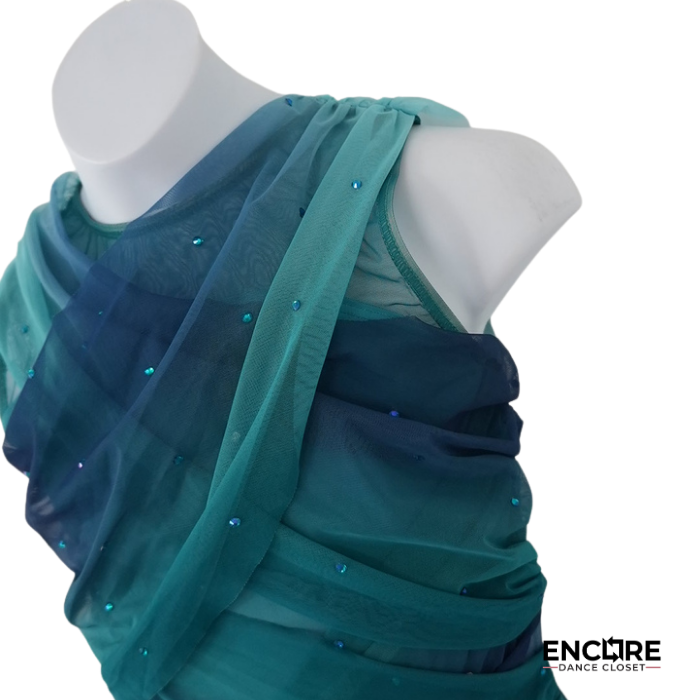 Teal Ombre Draped Lyrical Costume with Mesh Overlay  leotard