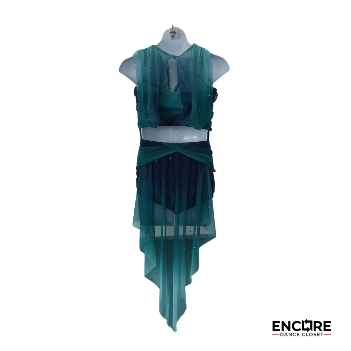 Teal Ombre Draped Lyrical Costume with Mesh Overlay  leotard