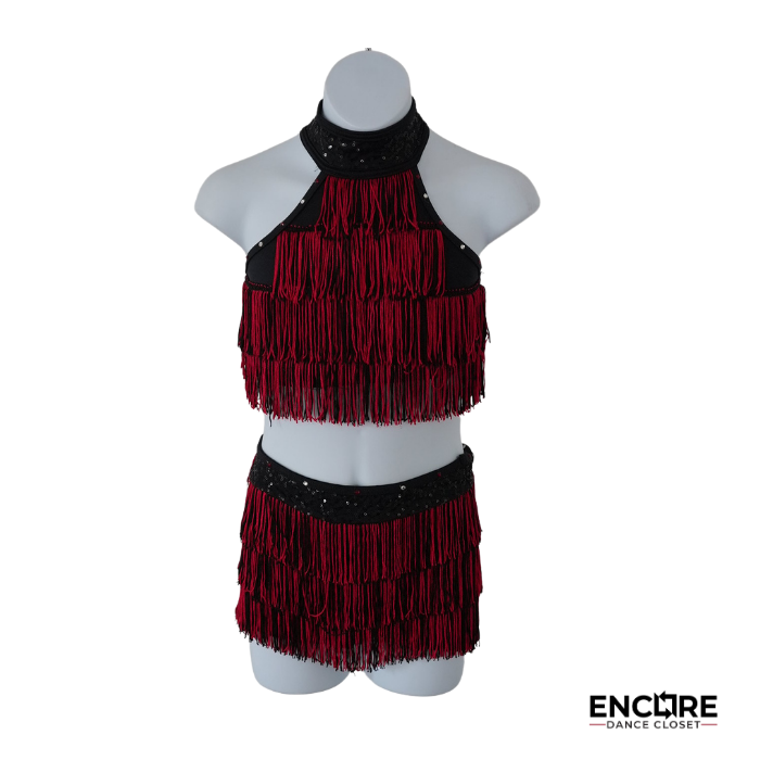 Red Fringe Two-Piece with Black Sequin Detail  two piece