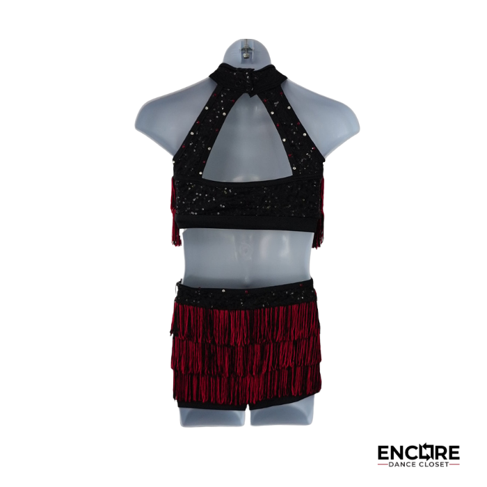 Red Fringe Two-Piece with Black Sequin Detail  two piece