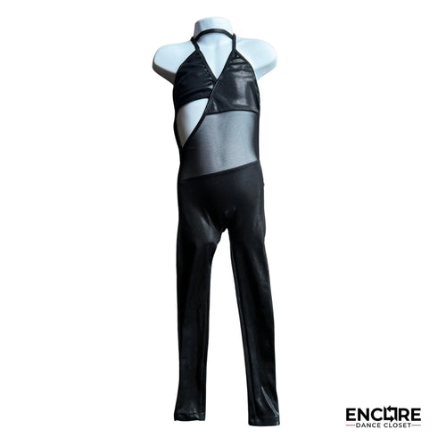 Striking Black Mesh & Strap Unitard - dance unitard