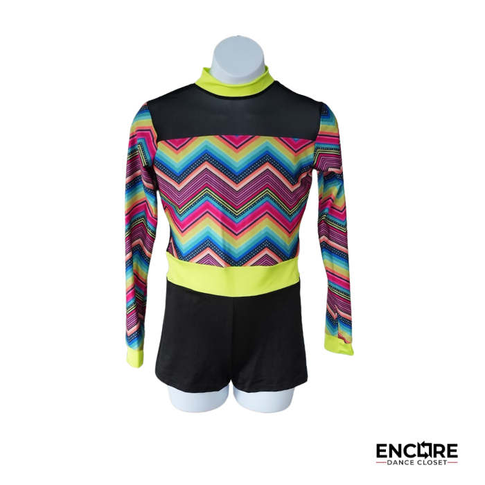 Rainbow Chevron Long Sleeve Dance Biketard with Neon Accents  biketard