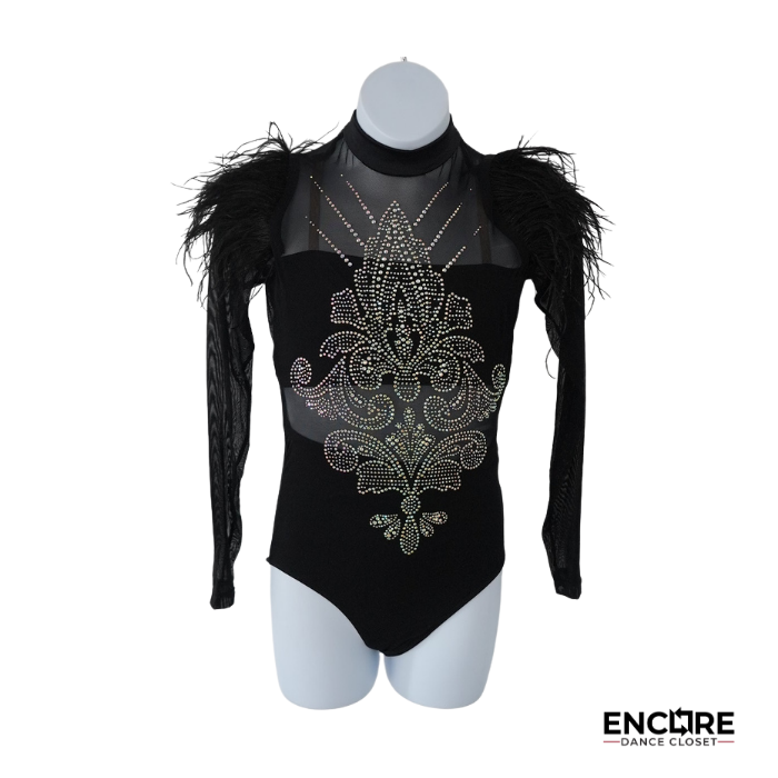 Black Long Sleeve Leotard with Rhinestones and Feather Shoulders  leotard