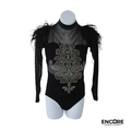 Black Long Sleeve Leotard with Rhinestones and Feather Shoulders  leotard