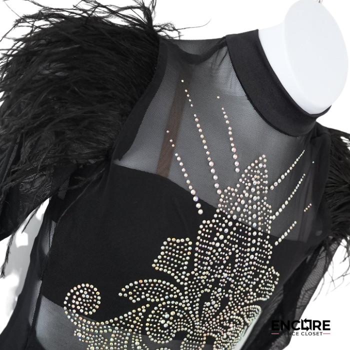 Black Long Sleeve Leotard with Rhinestones and Feather Shoulders  leotard