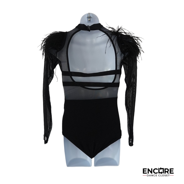 Black Long Sleeve Leotard with Rhinestones and Feather Shoulders  leotard