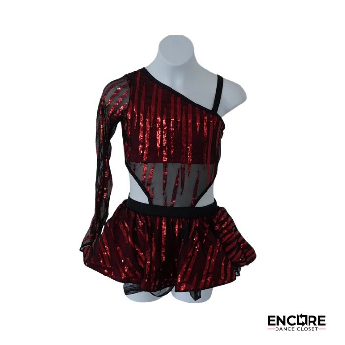 Red Sequin One-Shoulder Two-Piece with Mesh Sleeve  two piece