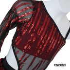 Red Sequin One-Shoulder Two-Piece with Mesh Sleeve  two piece