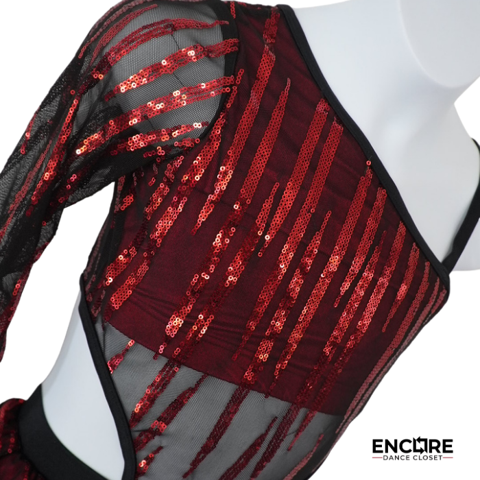 Red Sequin One-Shoulder Two-Piece with Mesh Sleeve  two piece