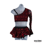 Red Sequin One-Shoulder Two-Piece with Mesh Sleeve  two piece