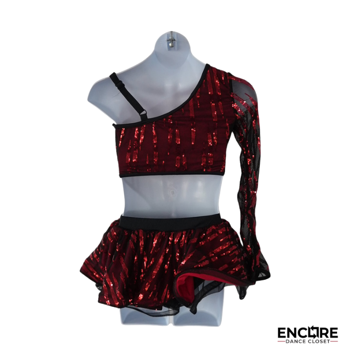 Red Sequin One-Shoulder Two-Piece with Mesh Sleeve  two piece